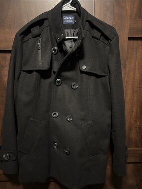Black Double-Breasted Wool Blend Peacoat. Size L